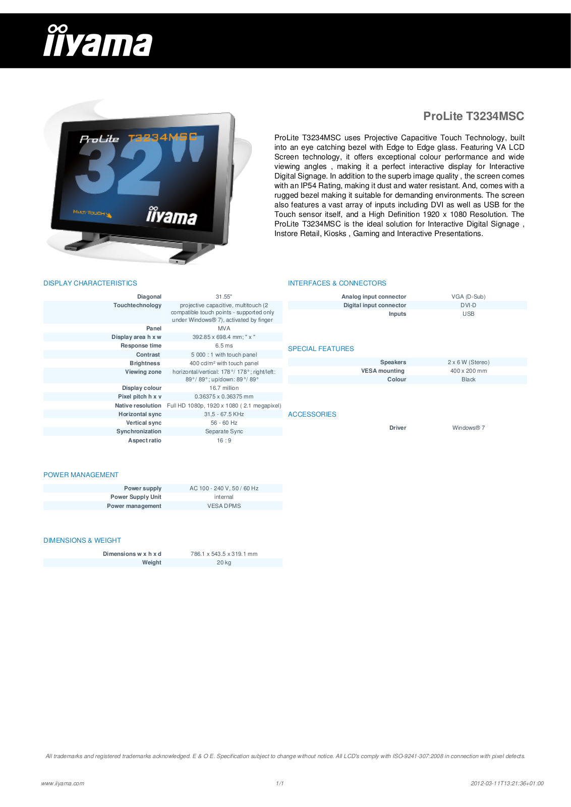 Iiyama PROLITE T3234MSC User Manual