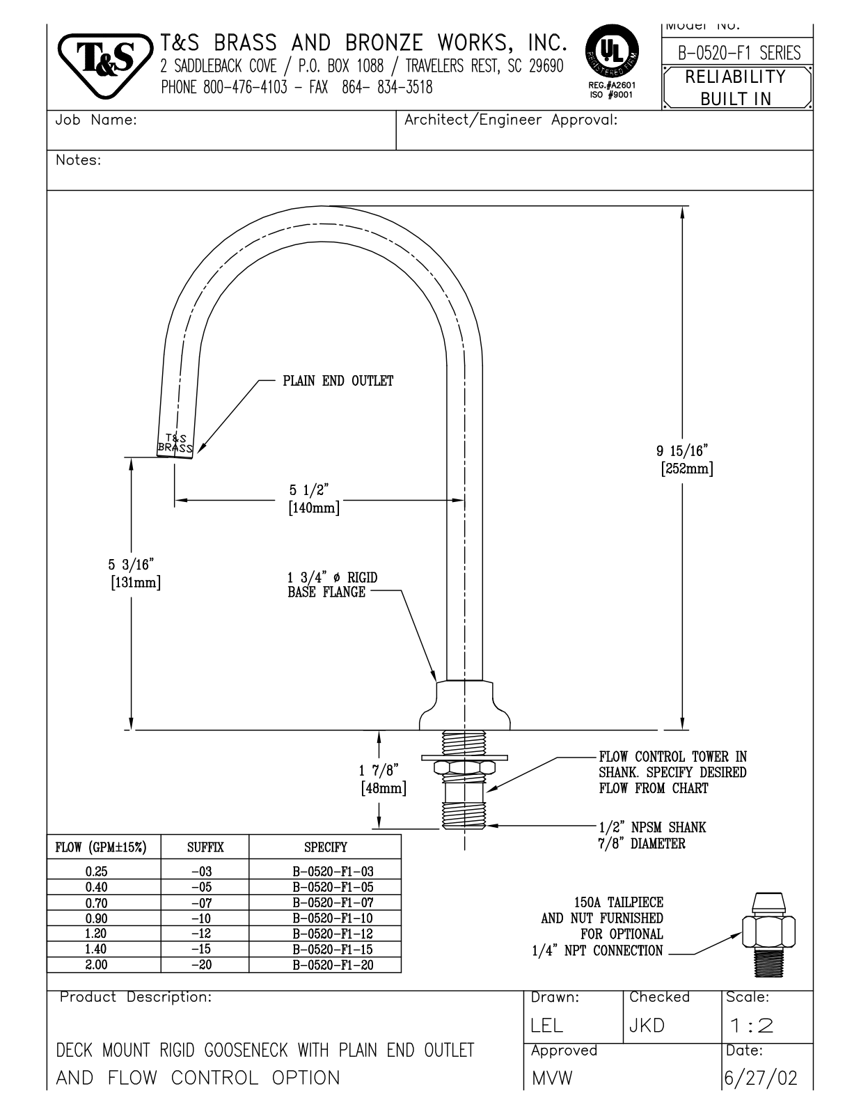 T&S Brass B-0520-F1-03 User Manual