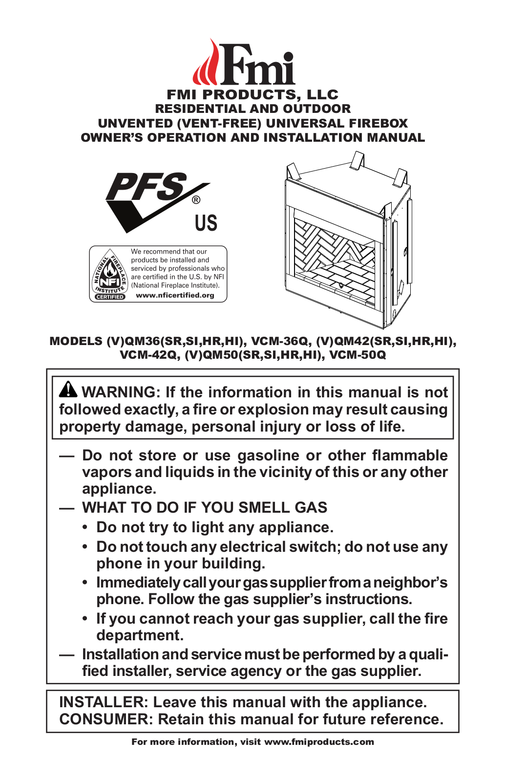 FMI VQM42SR-SI-HR-HI, VQM36SR-SI-HR-HI, VQM50SR-SI-HR-HI, VCM-42Q, VCM-36Q User Manual