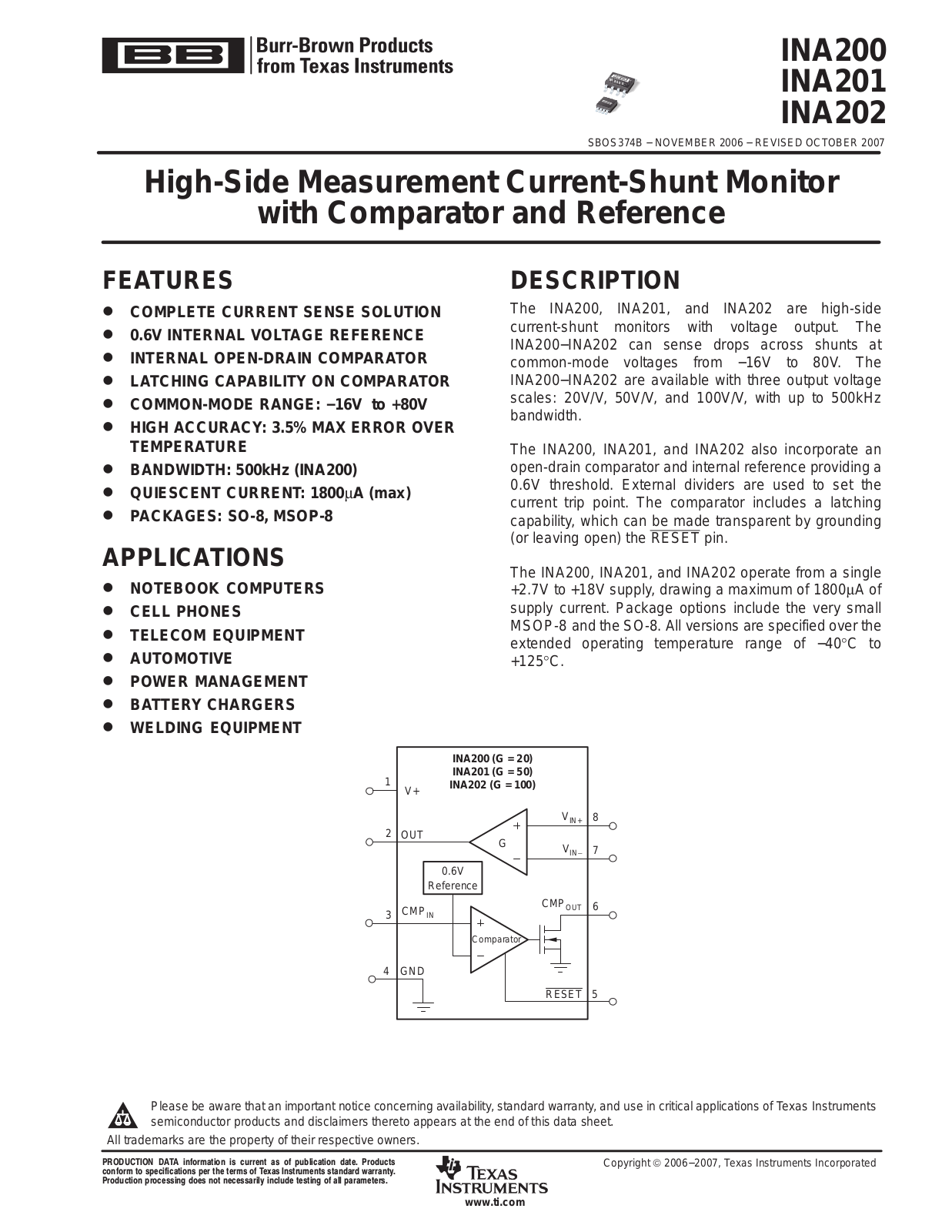 Texas Instruments INA200, INA201, INA202 Schematic