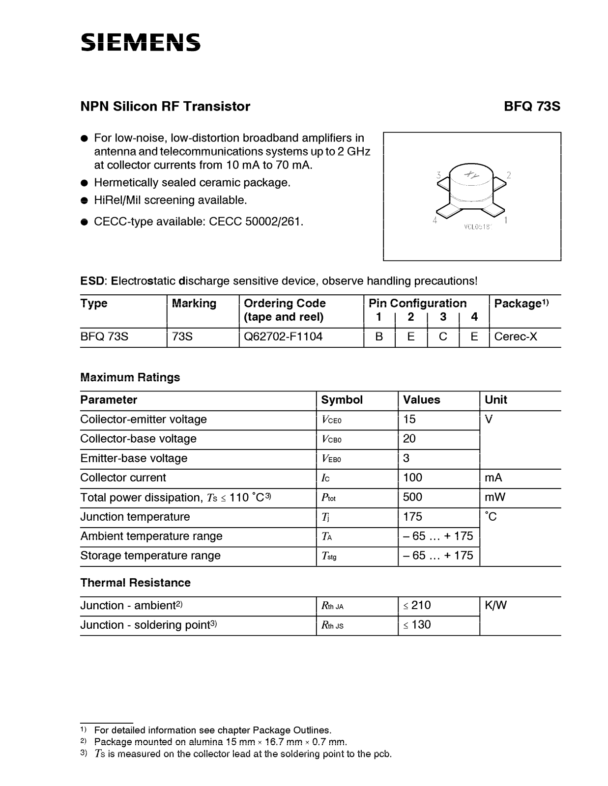 Siemens BFQ73S Datasheet