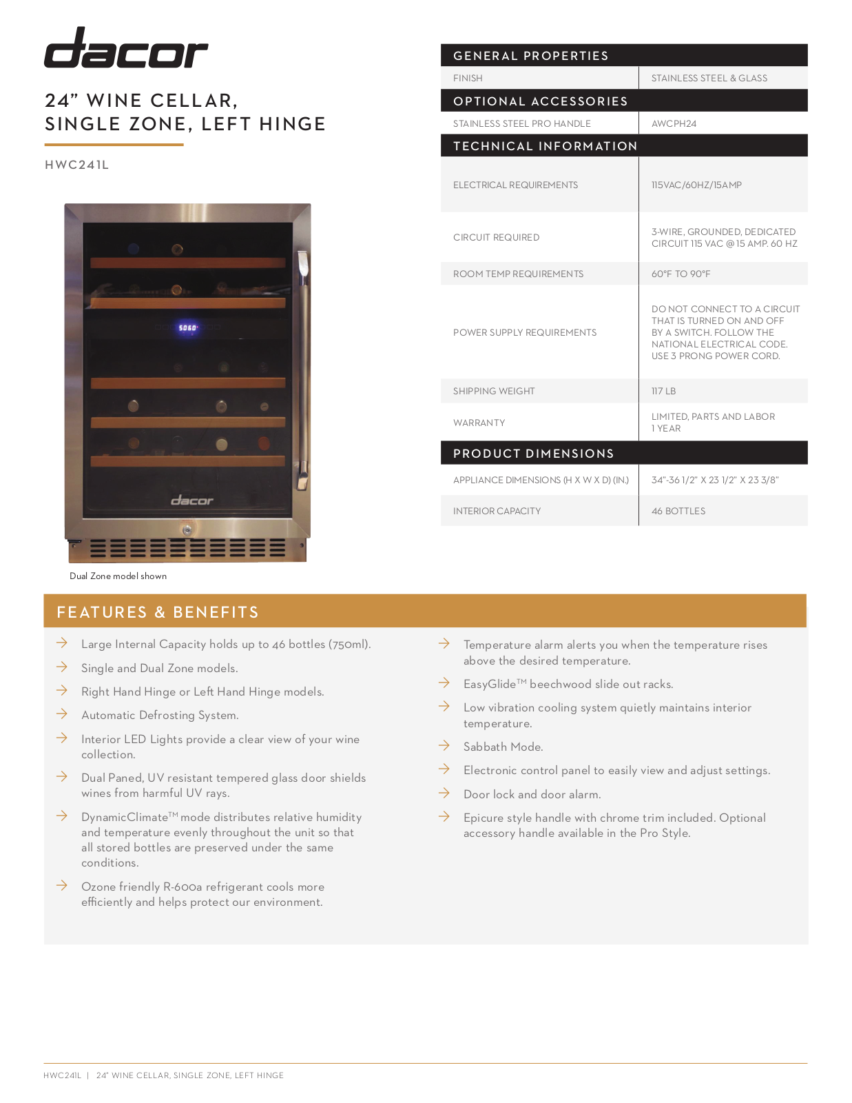 Dacor HWC242R Specifications