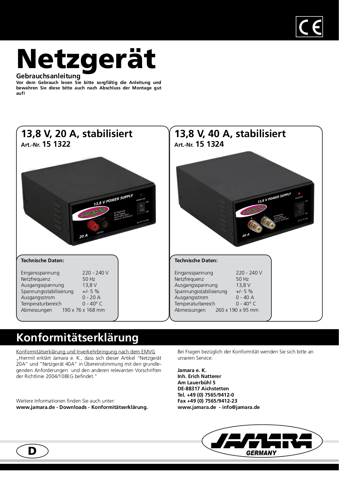 JAMARA NT JM 13,8V 20A Instructions - ManualMachine.com