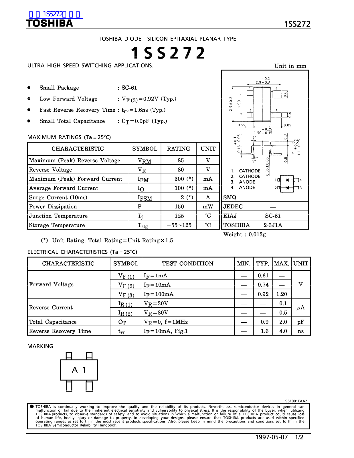 TOSHIBA 1SS272 Technical data