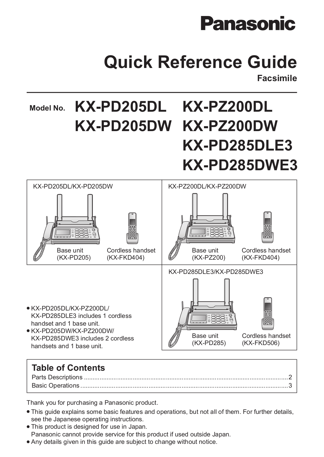 Panasonic KX-PD205DL, KX-PZ200DL, KX-PD205DW, KX-PZ200DW, KX-PD285DLE3 Quick Reference Manual