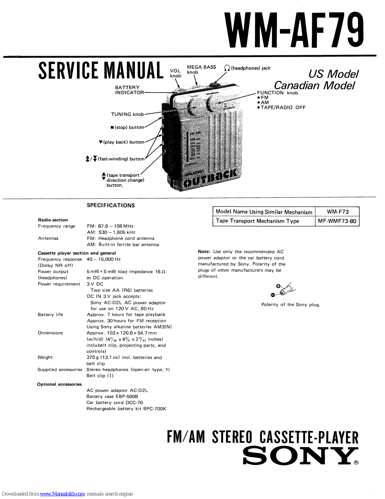 Sony Walkman Outback WM-AF79 Service Manual