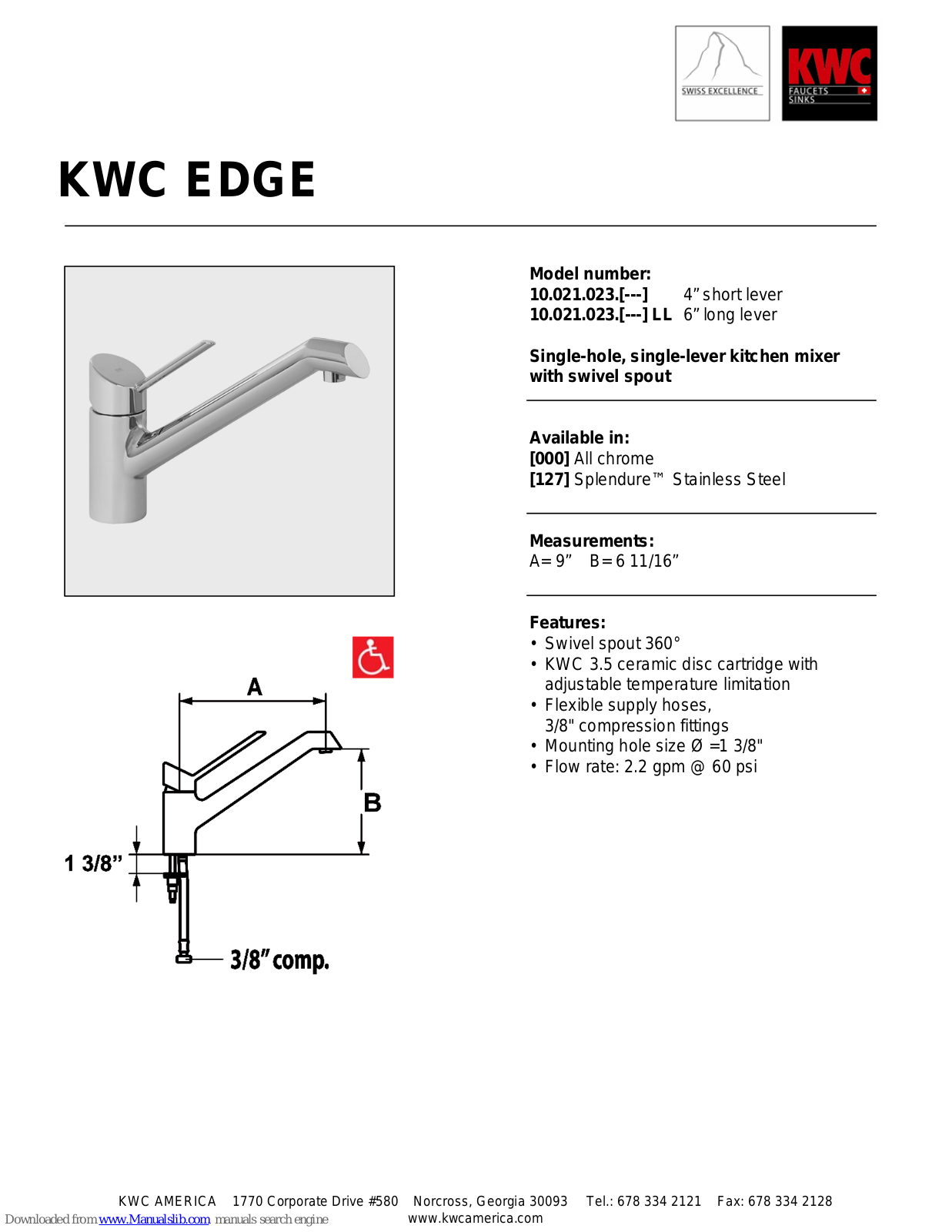 KWC Edge 10.021.023, Edge 10.021.023.000, Edge 10.021.023.127, Edge 10.021.023.000LL, Edge 10.021.023.127LL Specifications