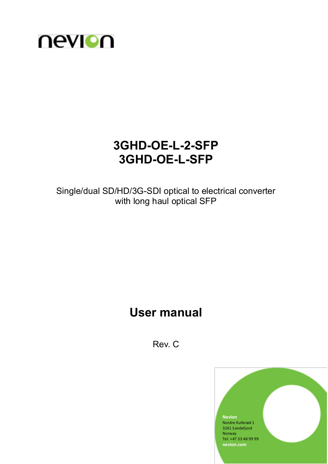 Nevion 3GHD-OE-L-2-SFP User Manual