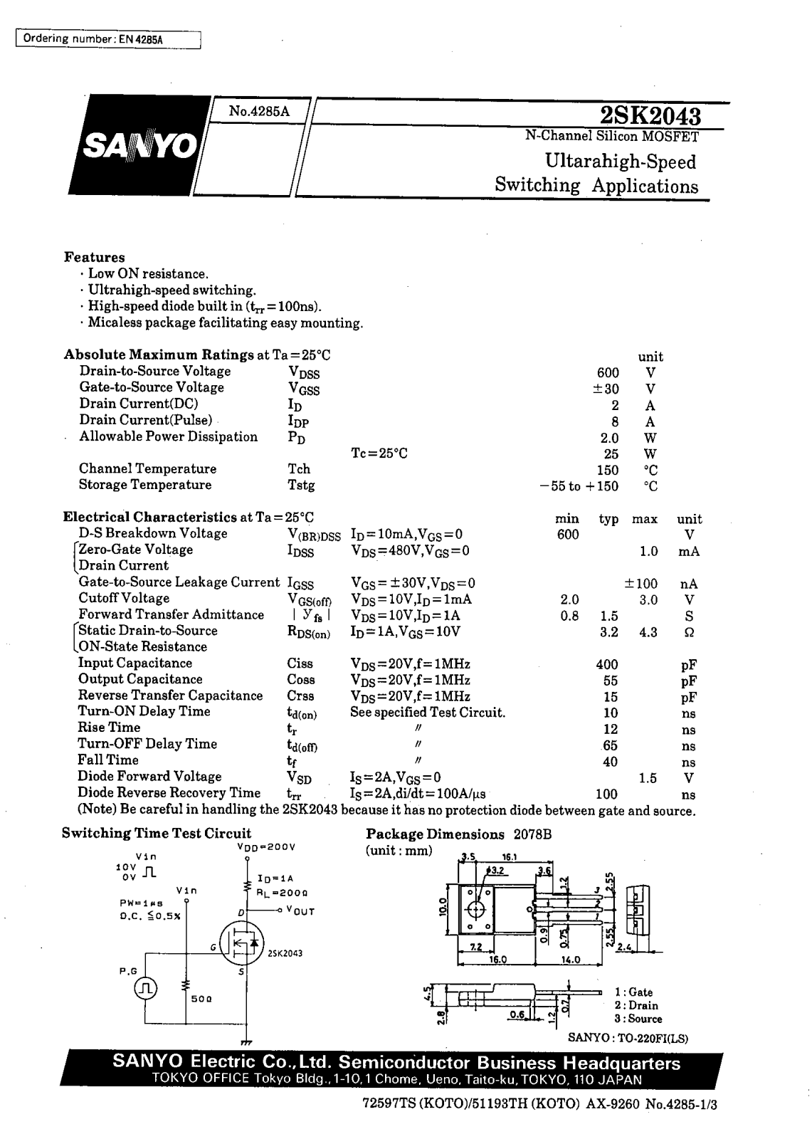 Datasheet 2SK2043 Datasheet (SANYO) - ManualMachine.com