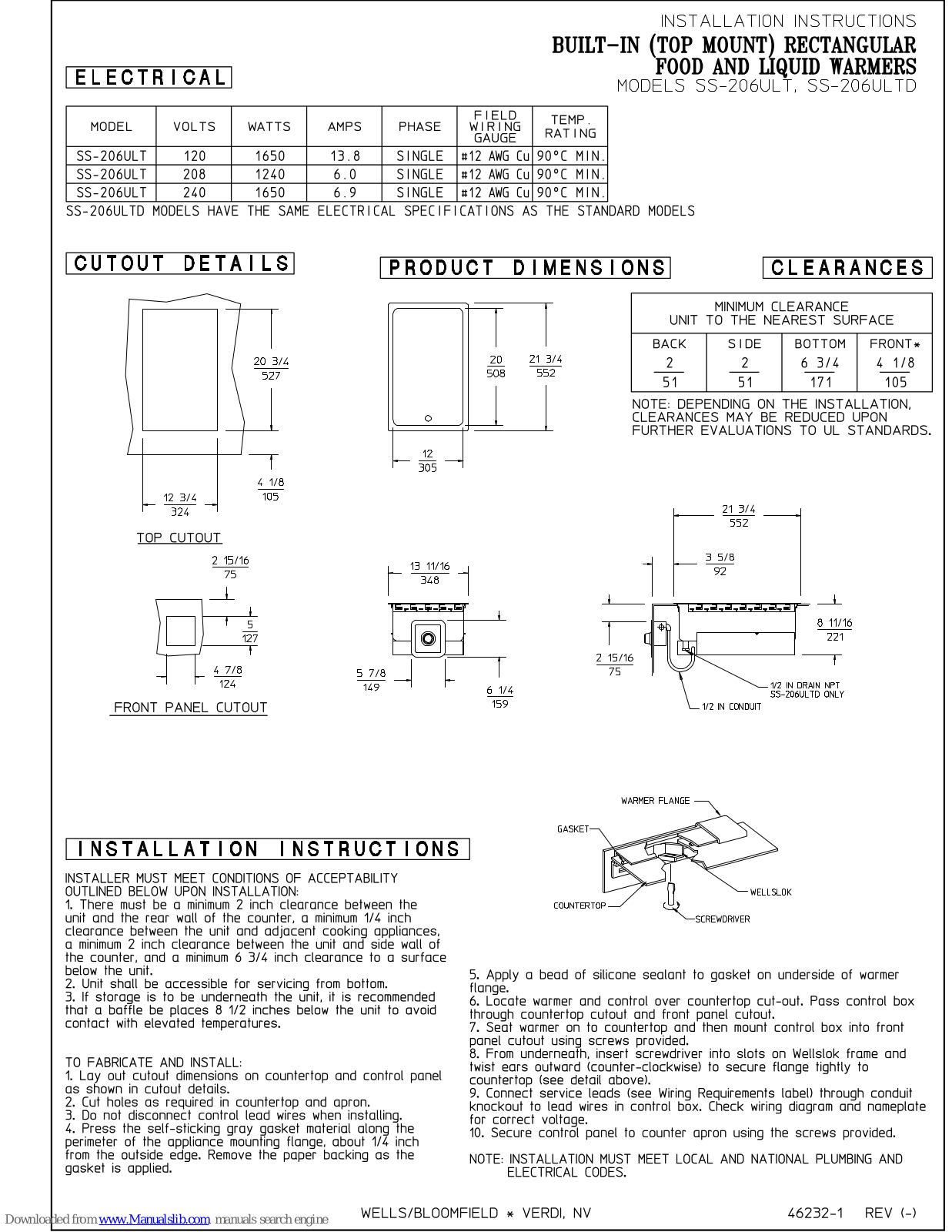 Wells SS-206ULTD Installation Instructions Manual