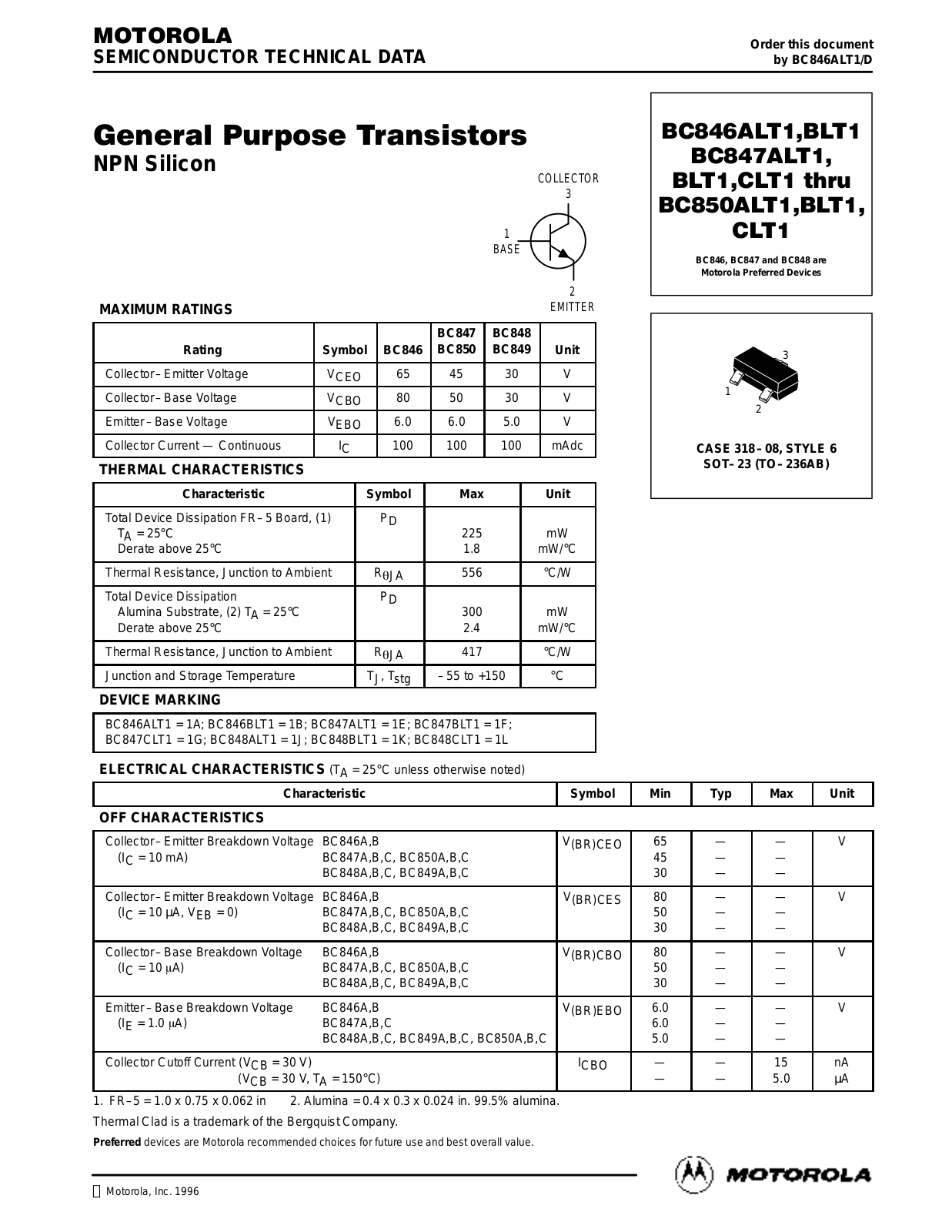 Motorola BC850BLT1, BC850ALT1, BC849CLT1, BC850CLT1, BC849BLT1 Datasheet