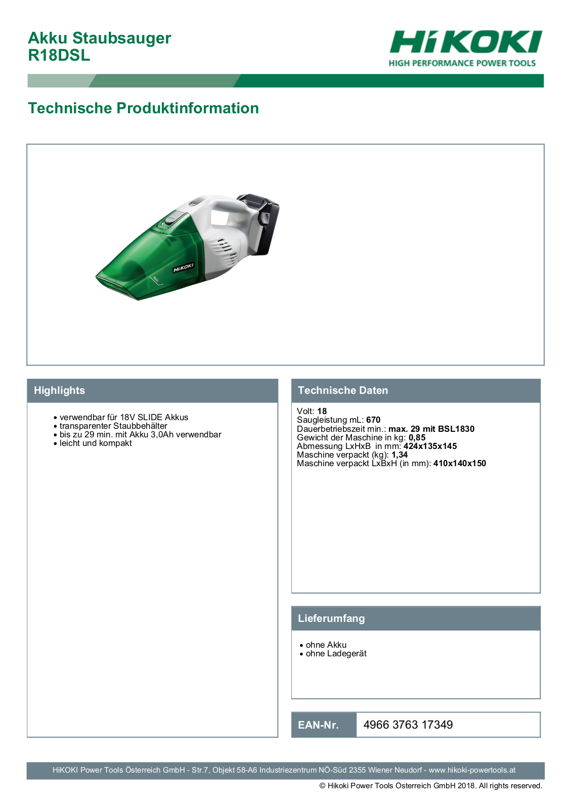 Hikoki R18DSL Produkti nformation