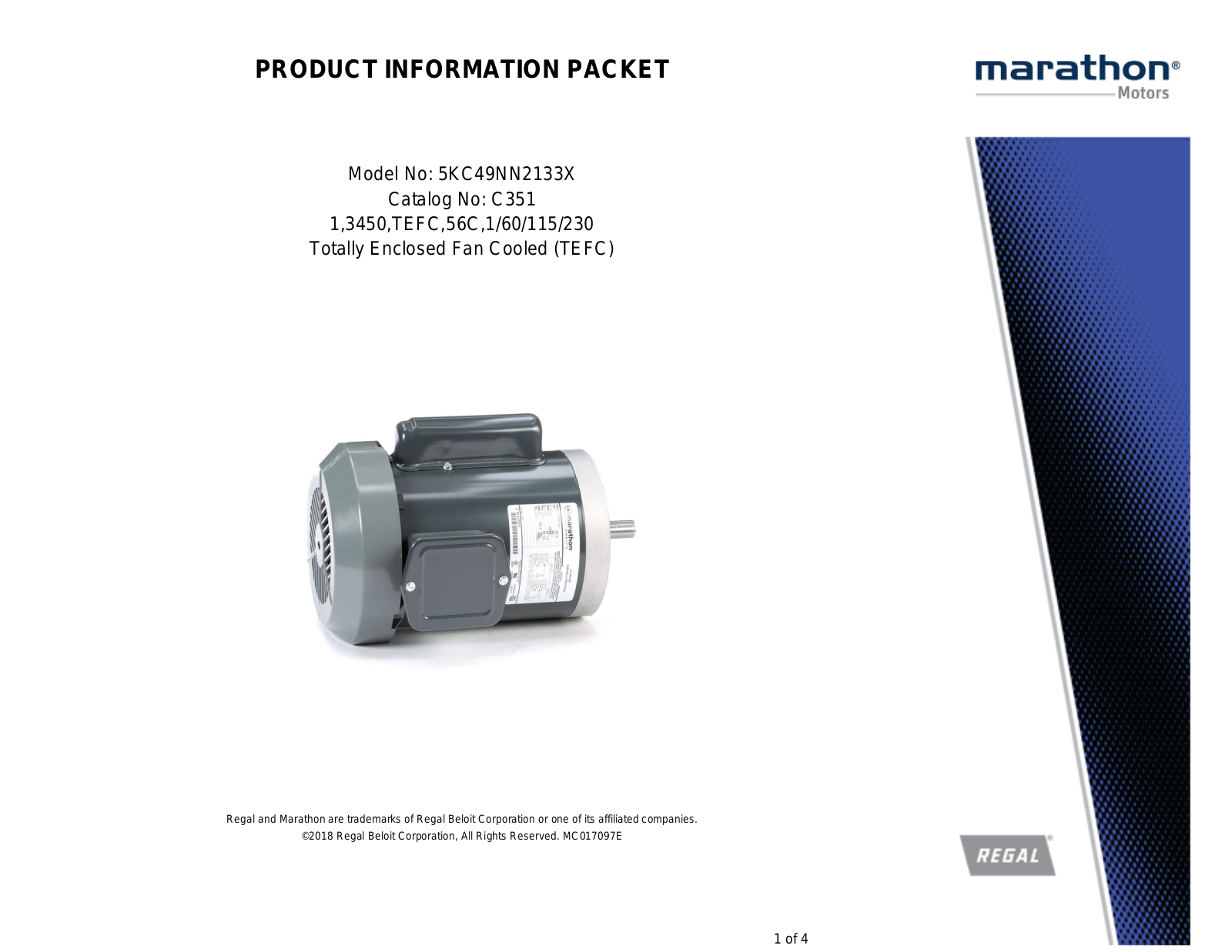 Marathon Electric 5KC49NN2133X Product Information Packet