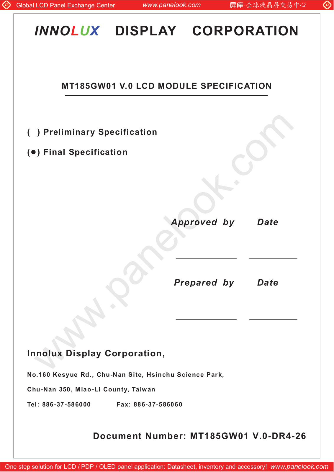 INNOLUX MT185GW01 V.0 Specification