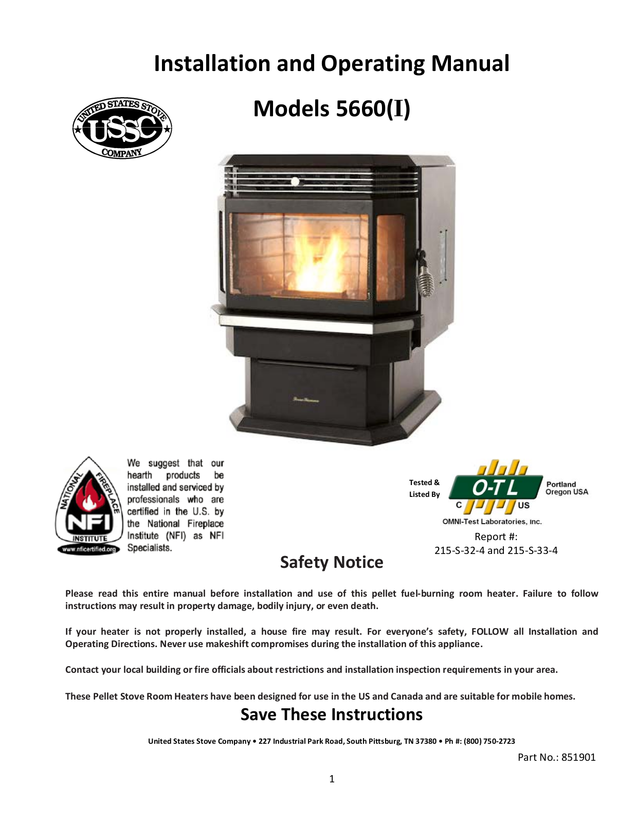 United States Stove 5660I User Manual