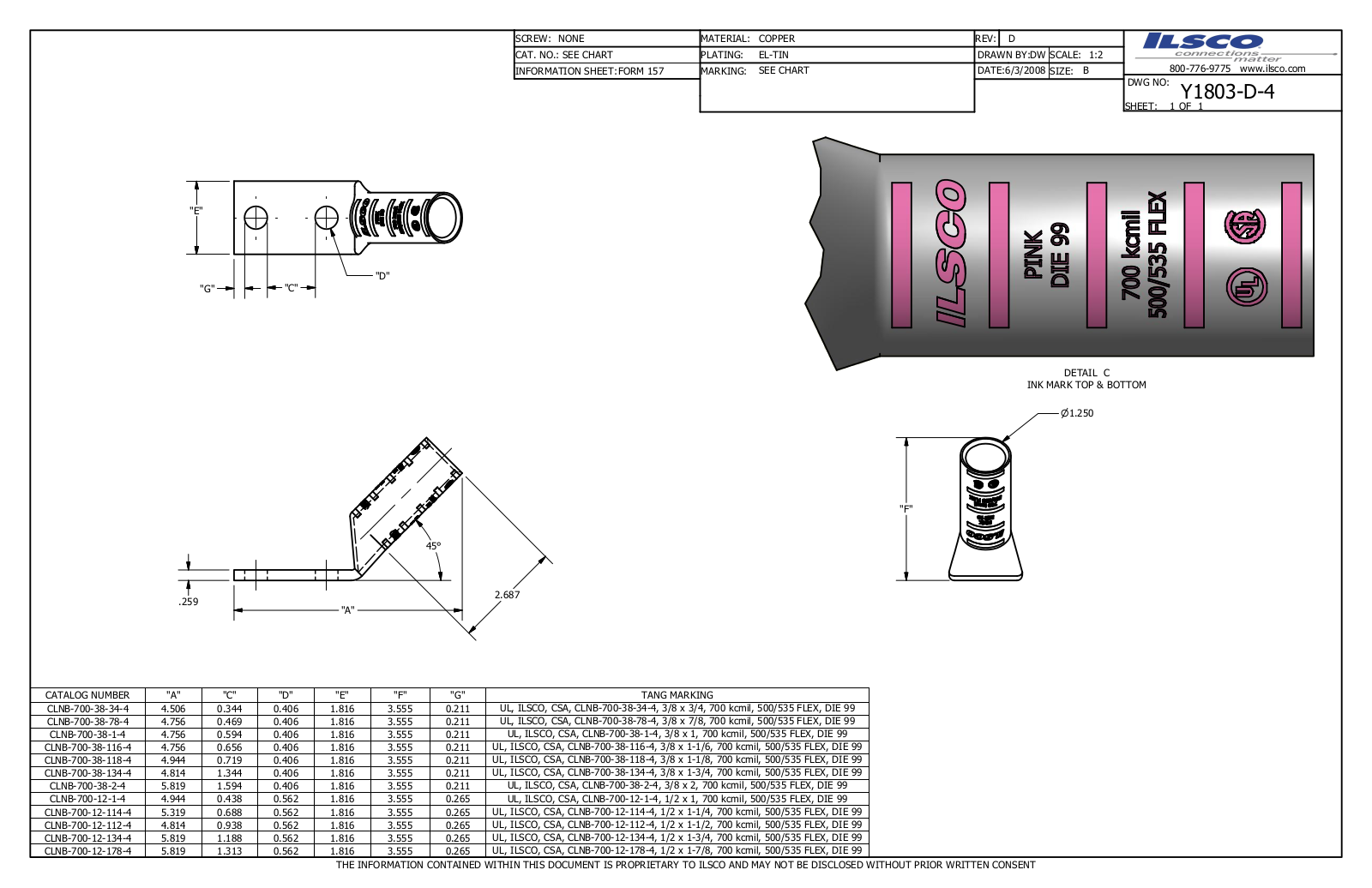 Ilsco CLNB-700-12-112-4 Data sheet