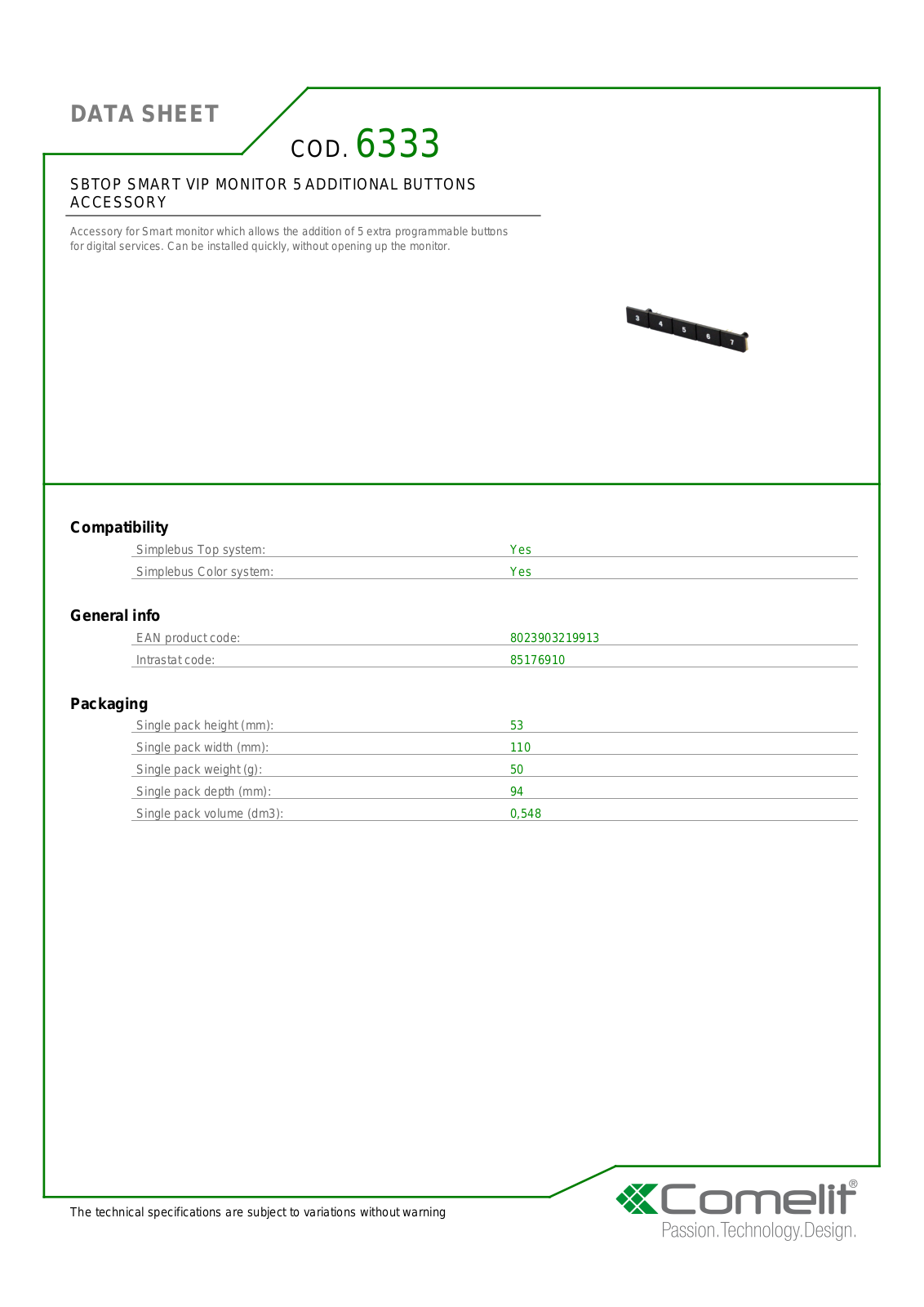 Comelit 6333 Specsheet