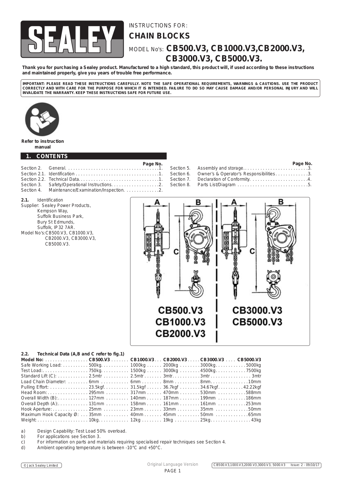 Sealey CB500.V3, CB1000.V3, CB2000.V3, CB3000.V3, CB5000.V3 Instruction Booklet