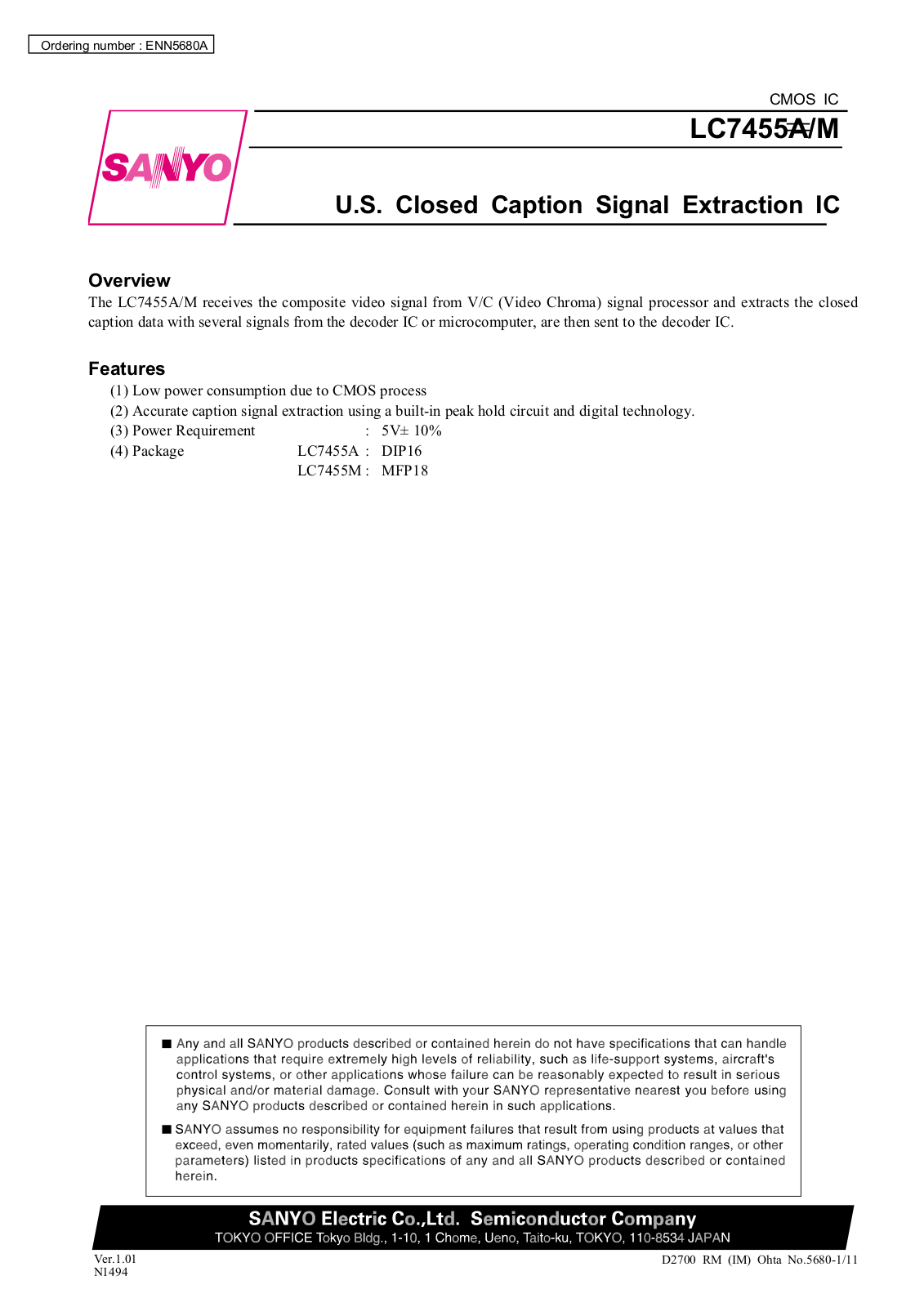 Sanyo LC7455M Specifications