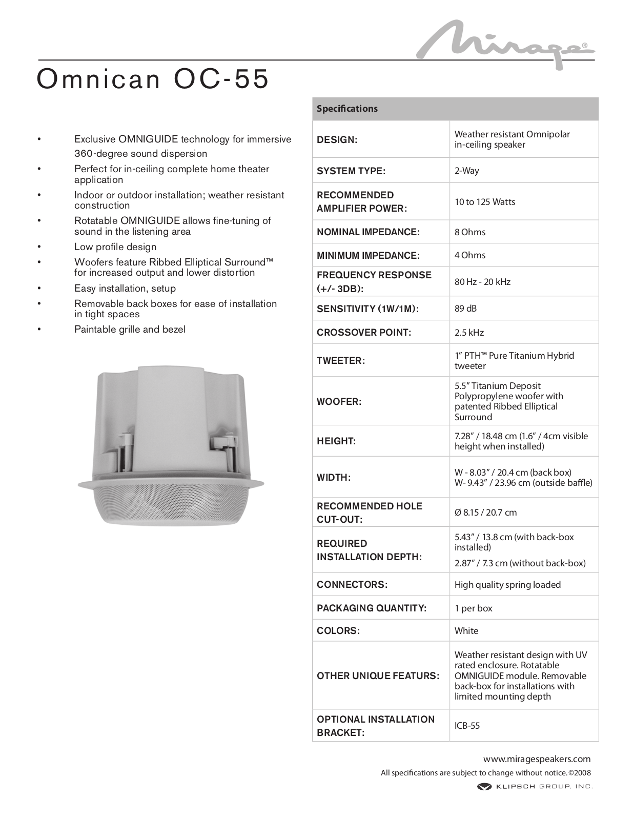 Mirage Loudspeakers OC-55 User Manual