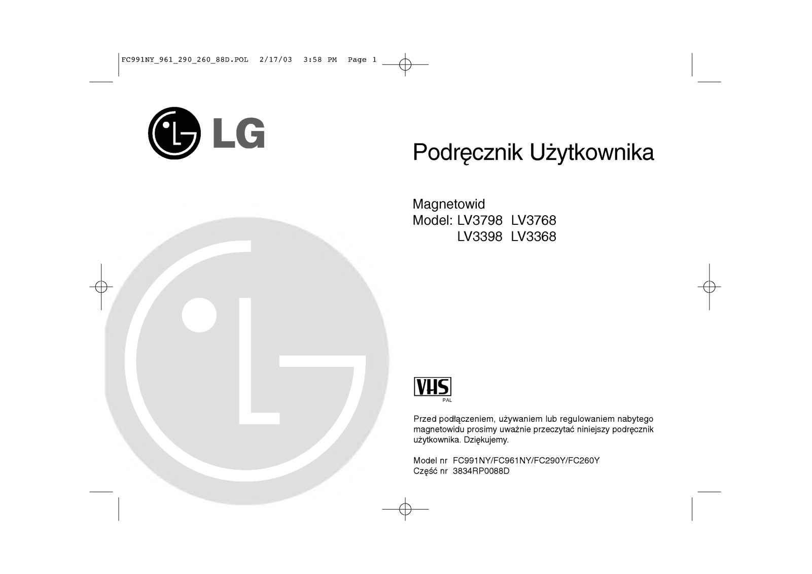 Lg LV3368, LV3768, LV3798, LV3398 Manual