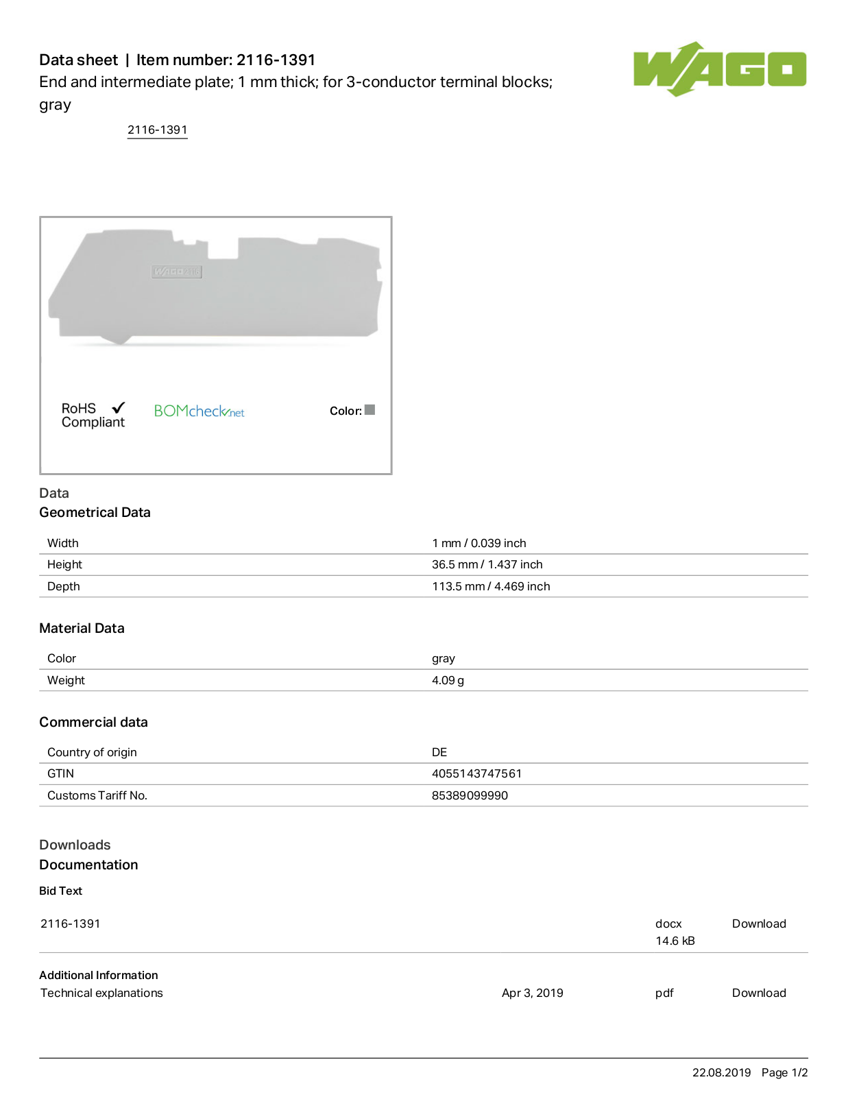 Wago 2116-1391 Data Sheet