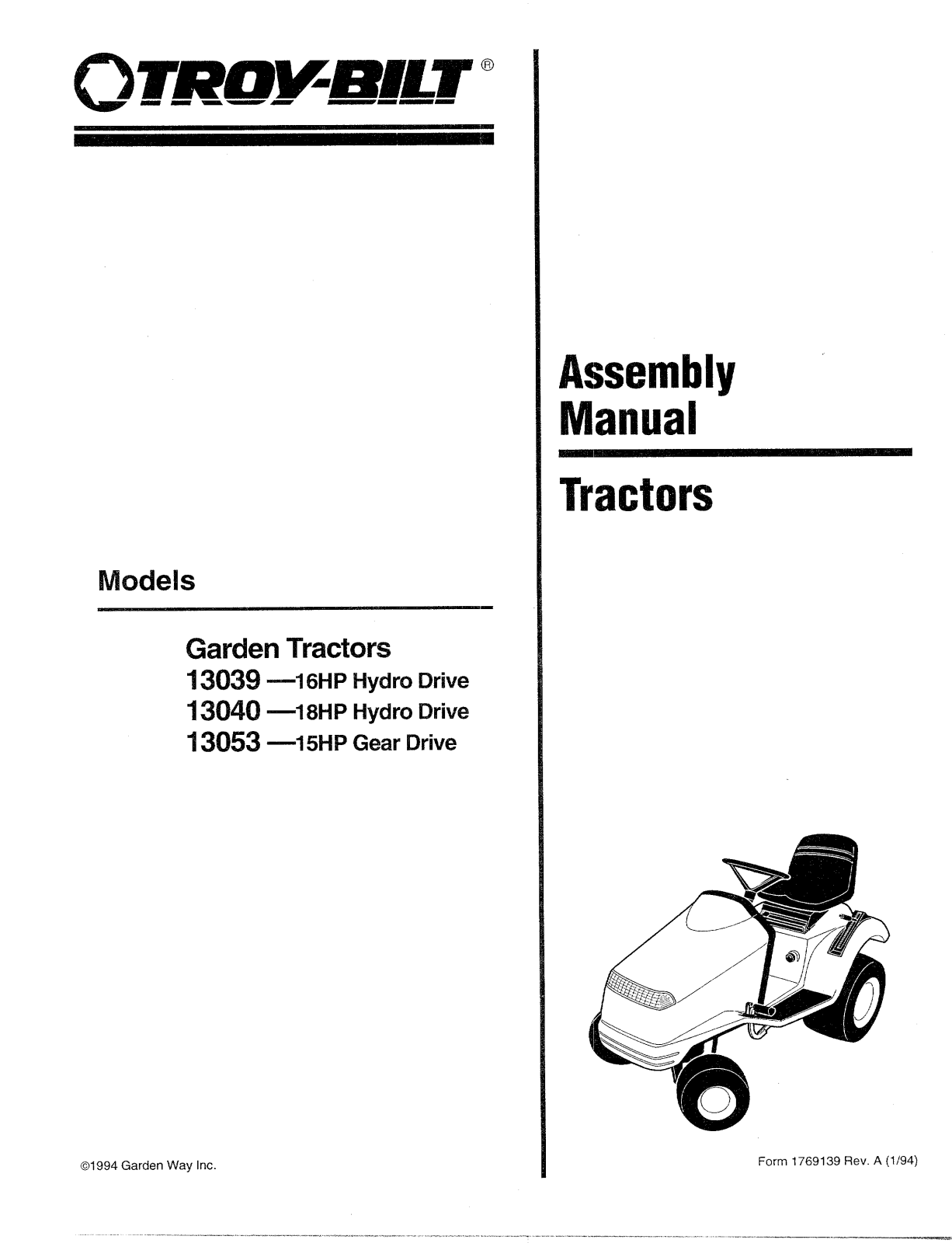 Troy-Bilt 13053-15HP, 13040-18HP User Manual