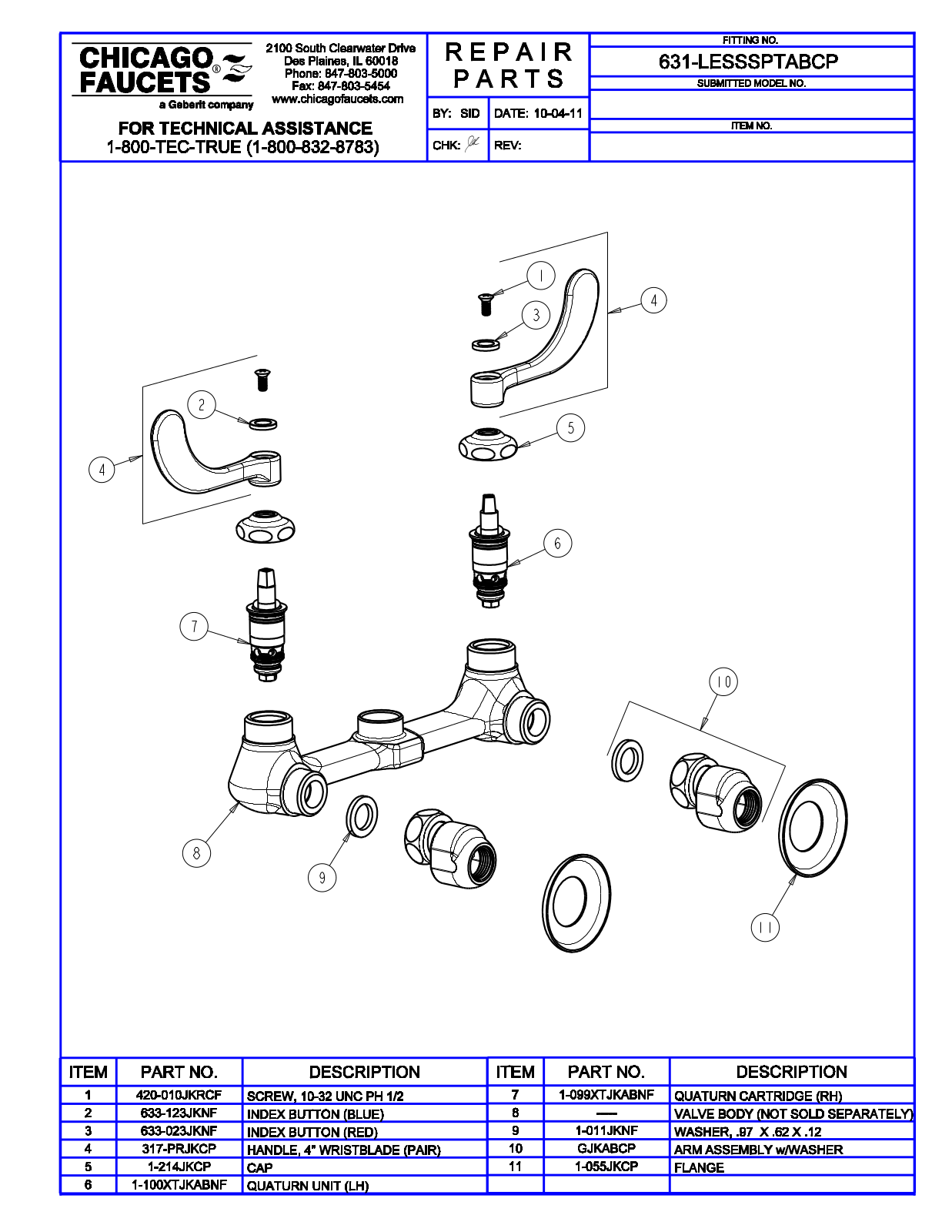 Chicago Faucet 631-LESSSPTABCP Parts List