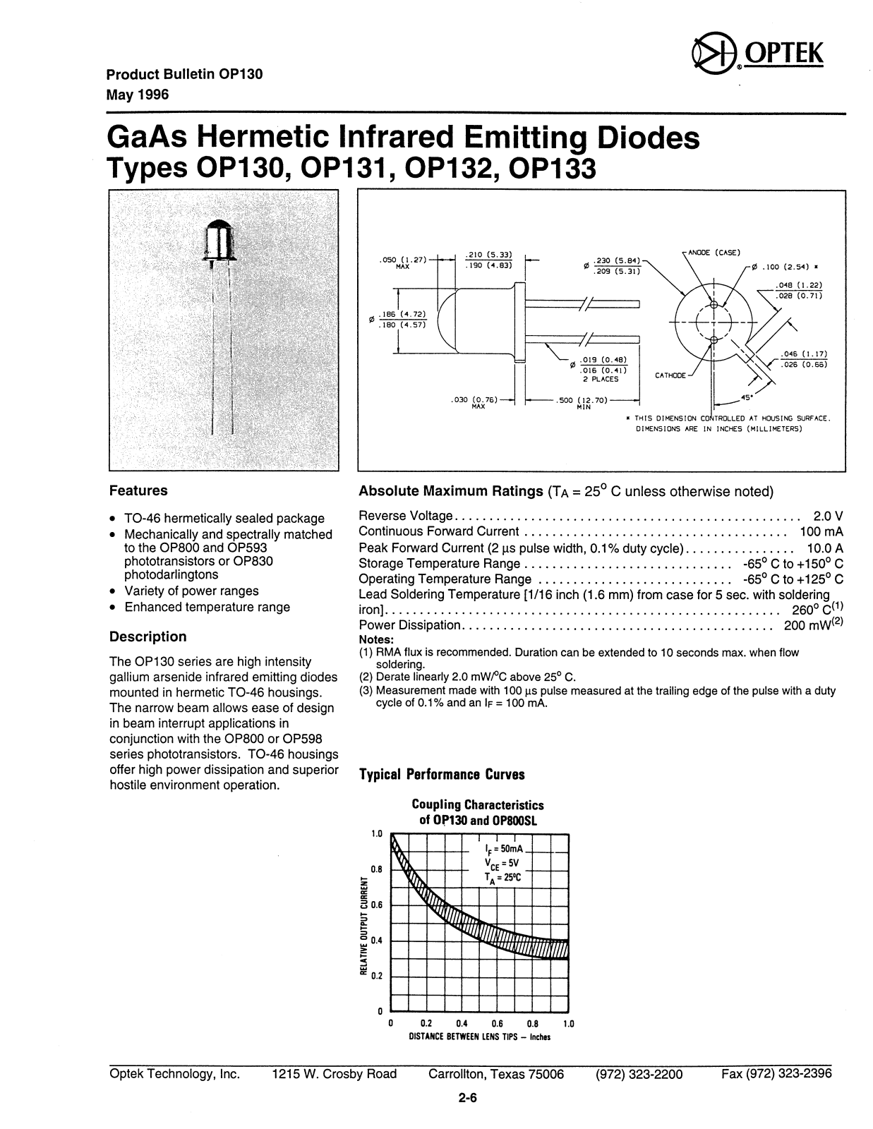 OPTEK OP130, OP131, OP133, OP132 Datasheet