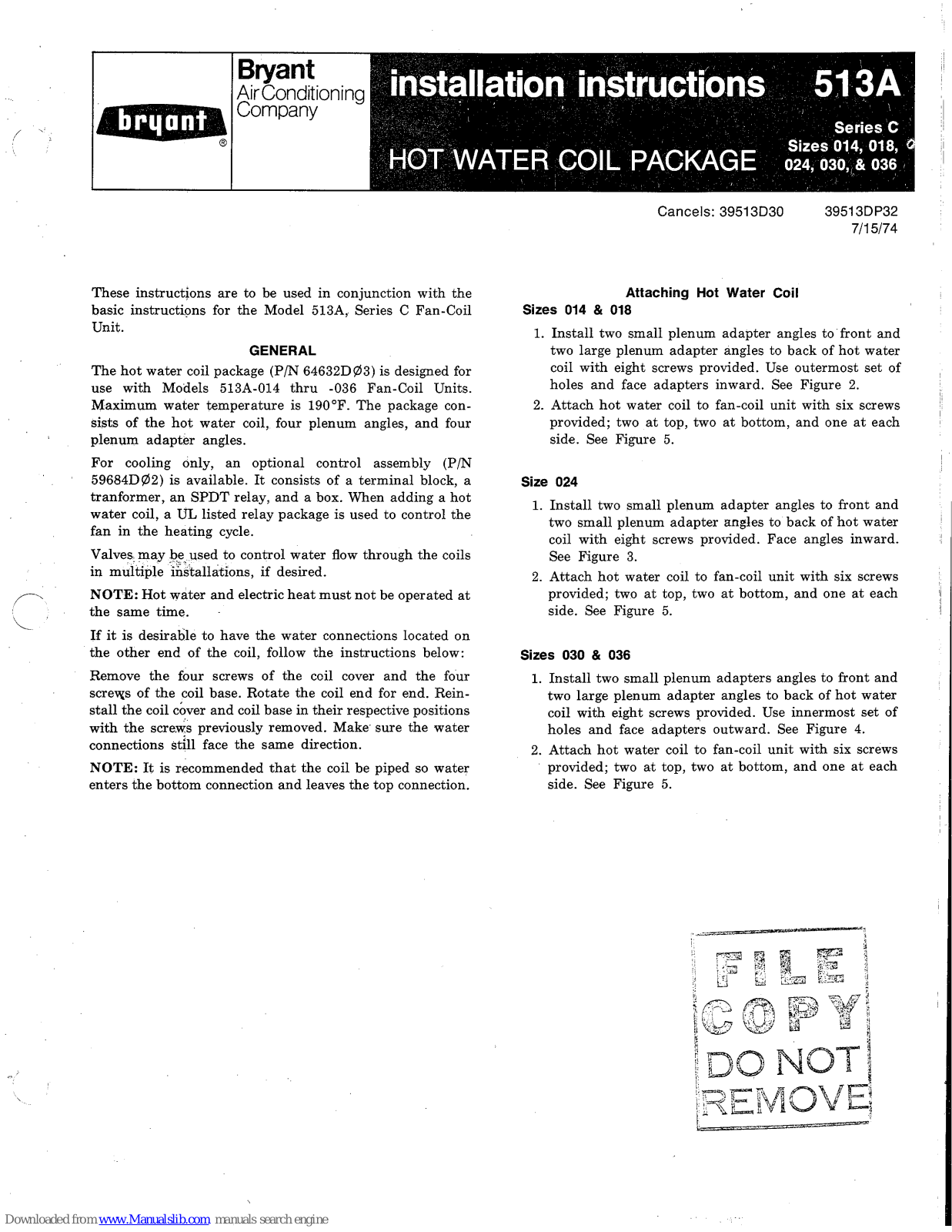 Bryant 513A-014, 513A-018, 513A-024, 513A-030, 513A-036 Installation Instructions Manual