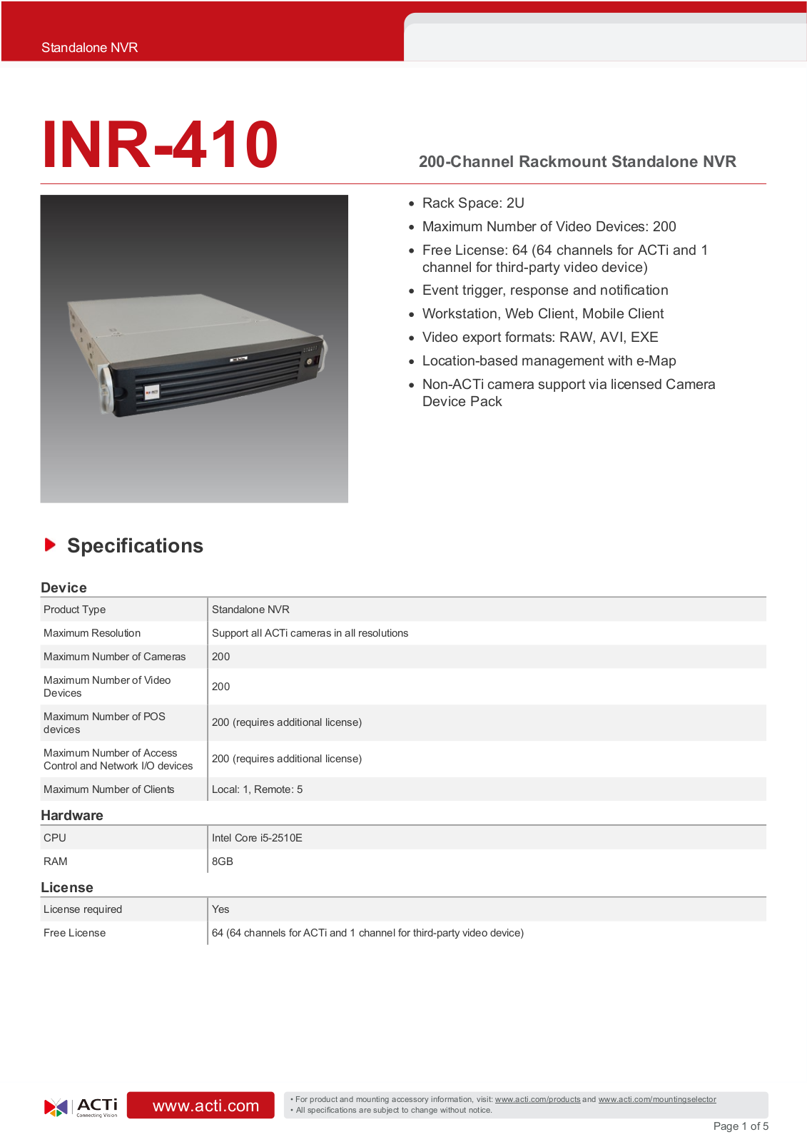 ACTi INR-410 Specsheet