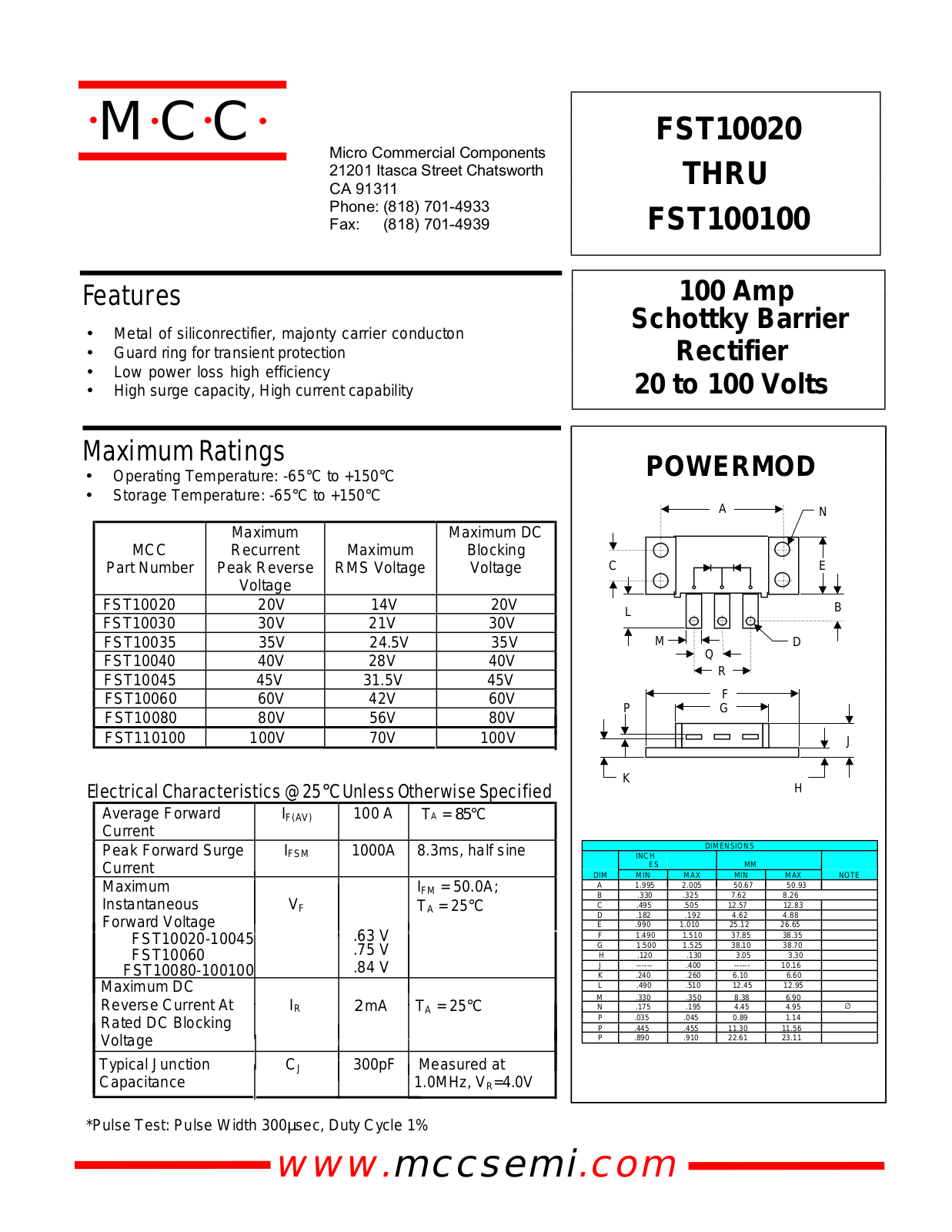 MCC FST10060, FST10045, FST10040, FST10035, FST10030 Datasheet