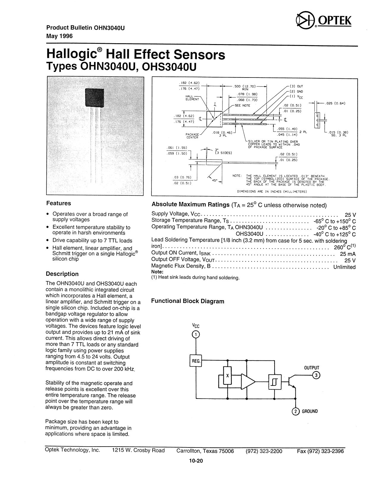 OPTEK OHN3040U, OHS3040U Datasheet