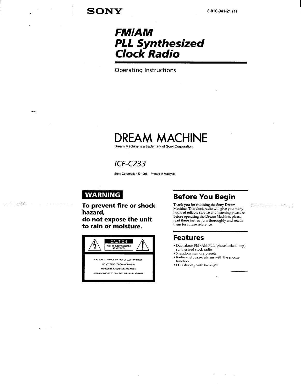 Sony ICF-C233 Operating Instructions