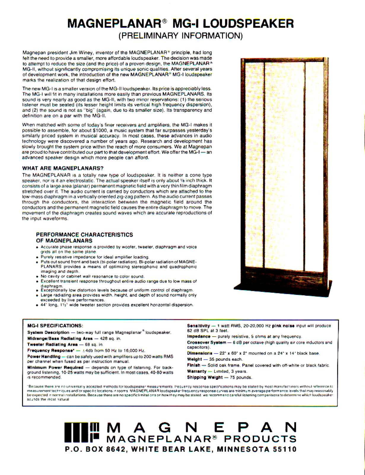 Magnepan MG-1 Brochure