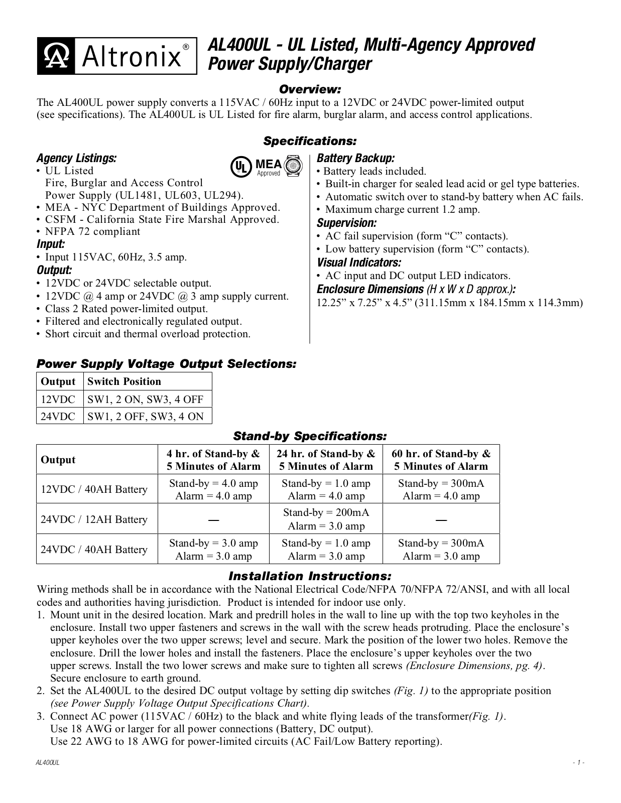 Altronix AL400UL Installation Instructions