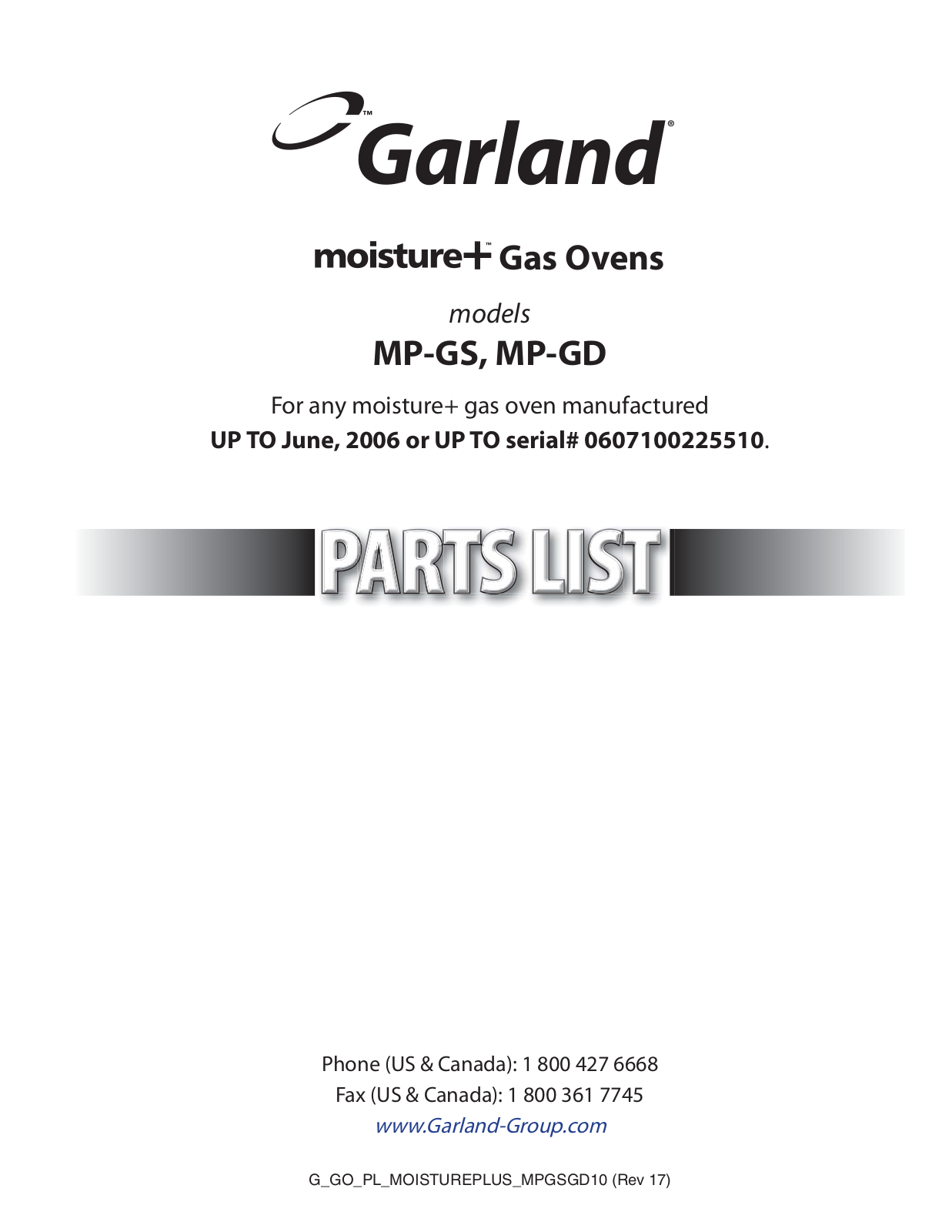 Garland MPGD10D, MPGD20S Part List