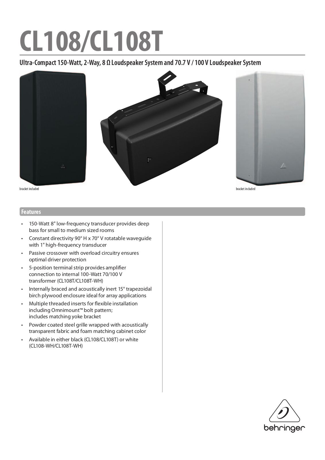 Behringer CL108-WH, CL108T-WH, CL108, CL108T Specification Sheet