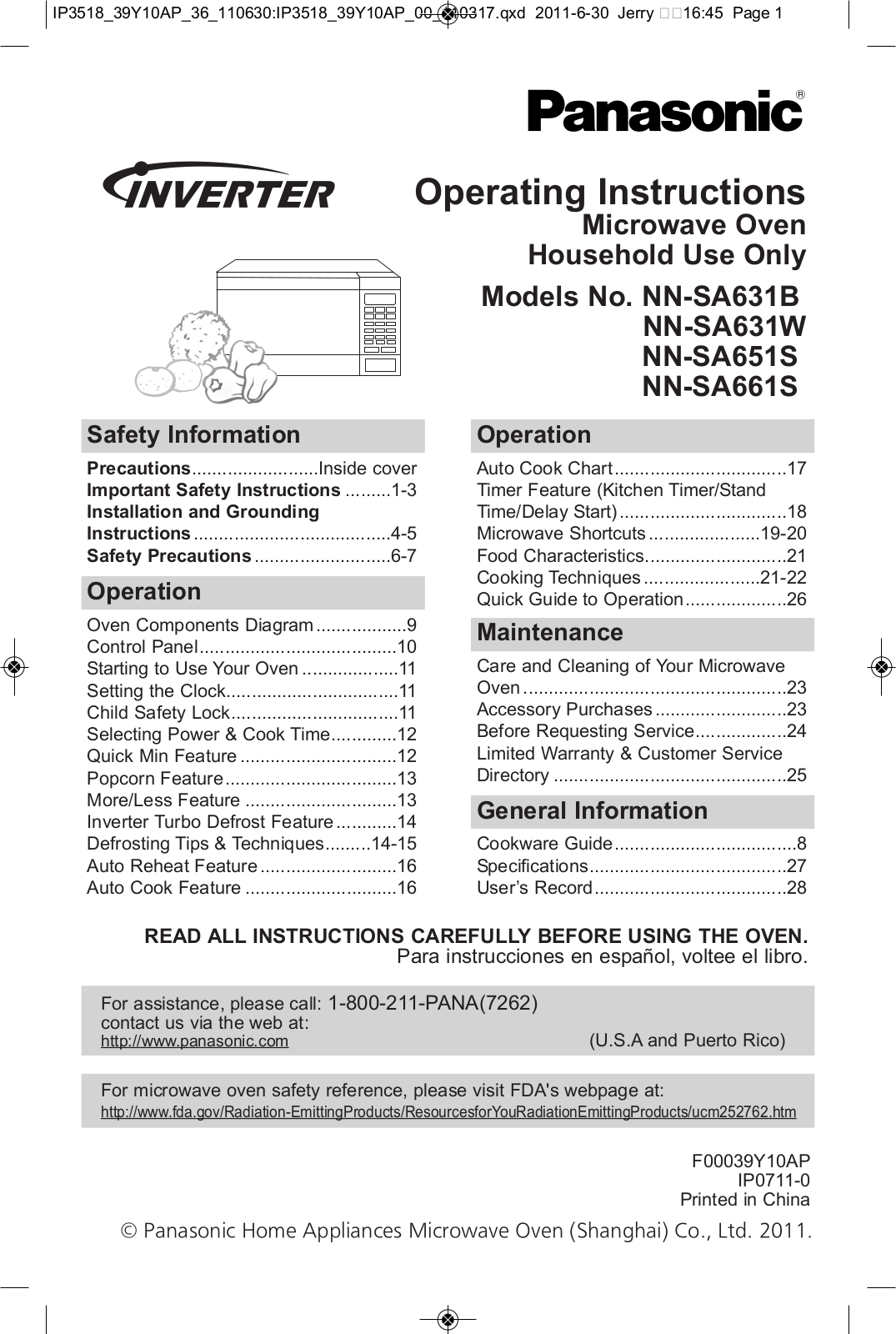 Panasonic nn-sa631, nn-sa651, nn-sa661 Operation Manual