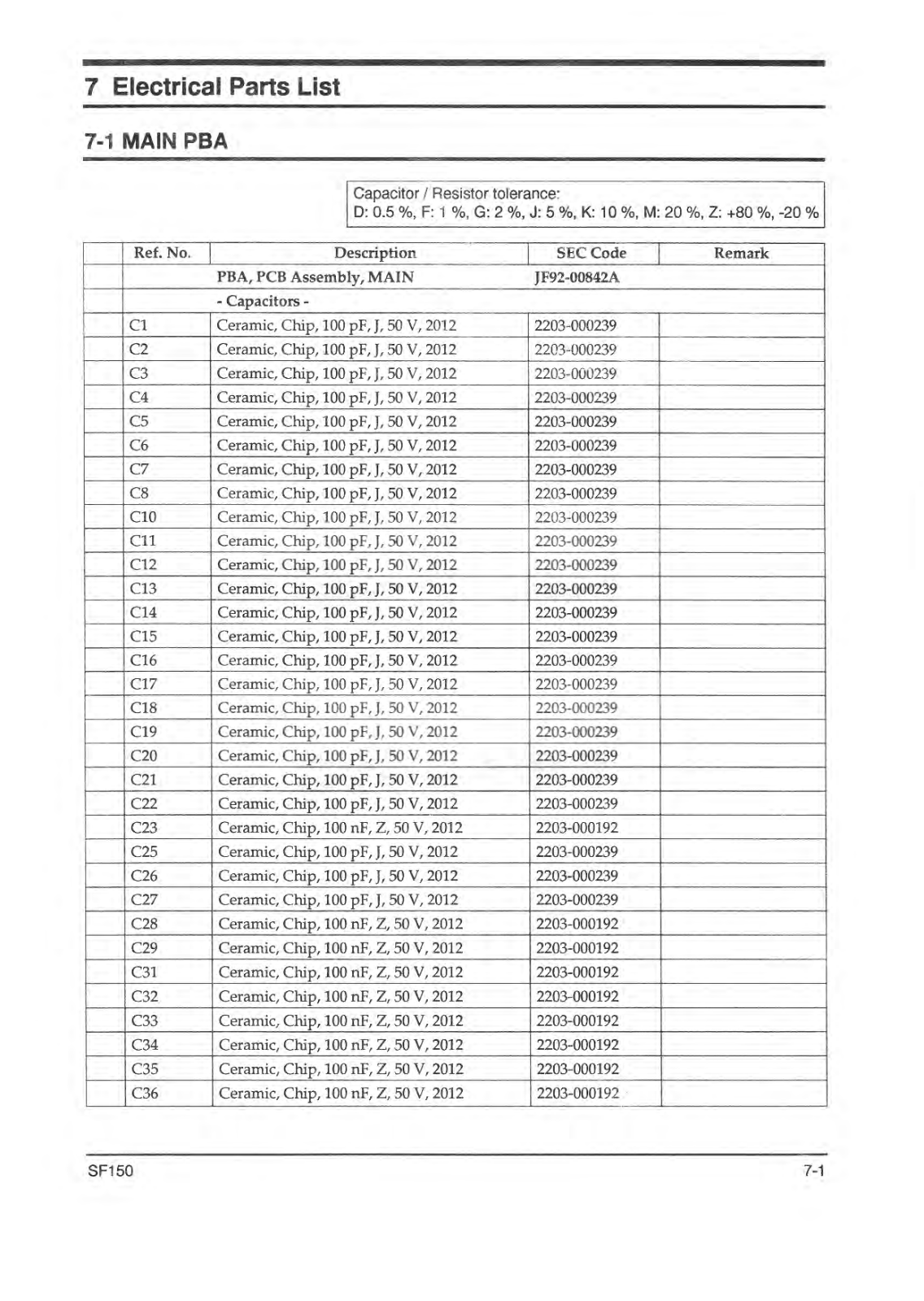 Samsung SF150 Electrical Part List