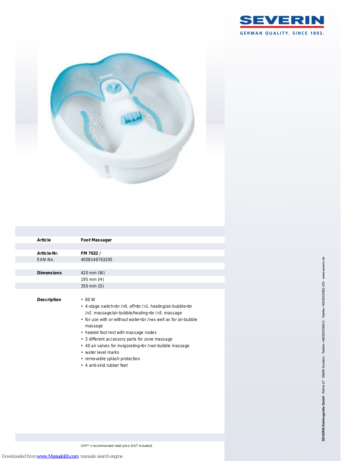 SEVERIN FM 7632, FOOT MASSAGER - DATASHEET 2 Dimensions