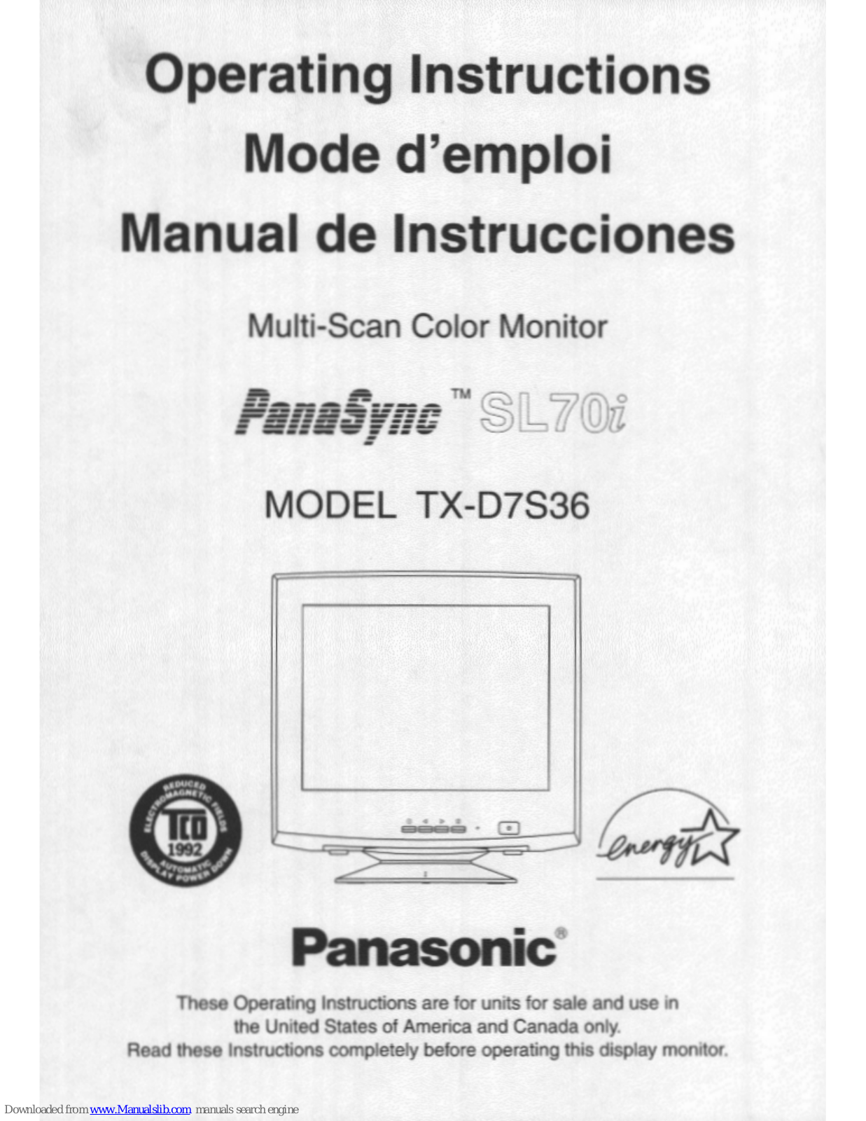 Panasonic PANASYNC TX-D7S36, PANASYNC SL70i User Manual