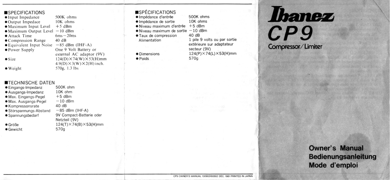 Ibanez CP9 Compressor/Limiter Owner’s Manual