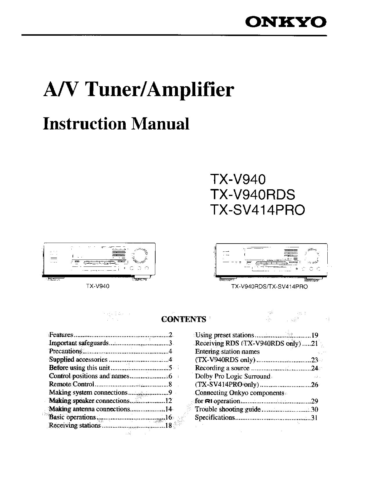 Onkyo TX-SV414PRO, TX-V940, TX-V940RDS Instruction Manual