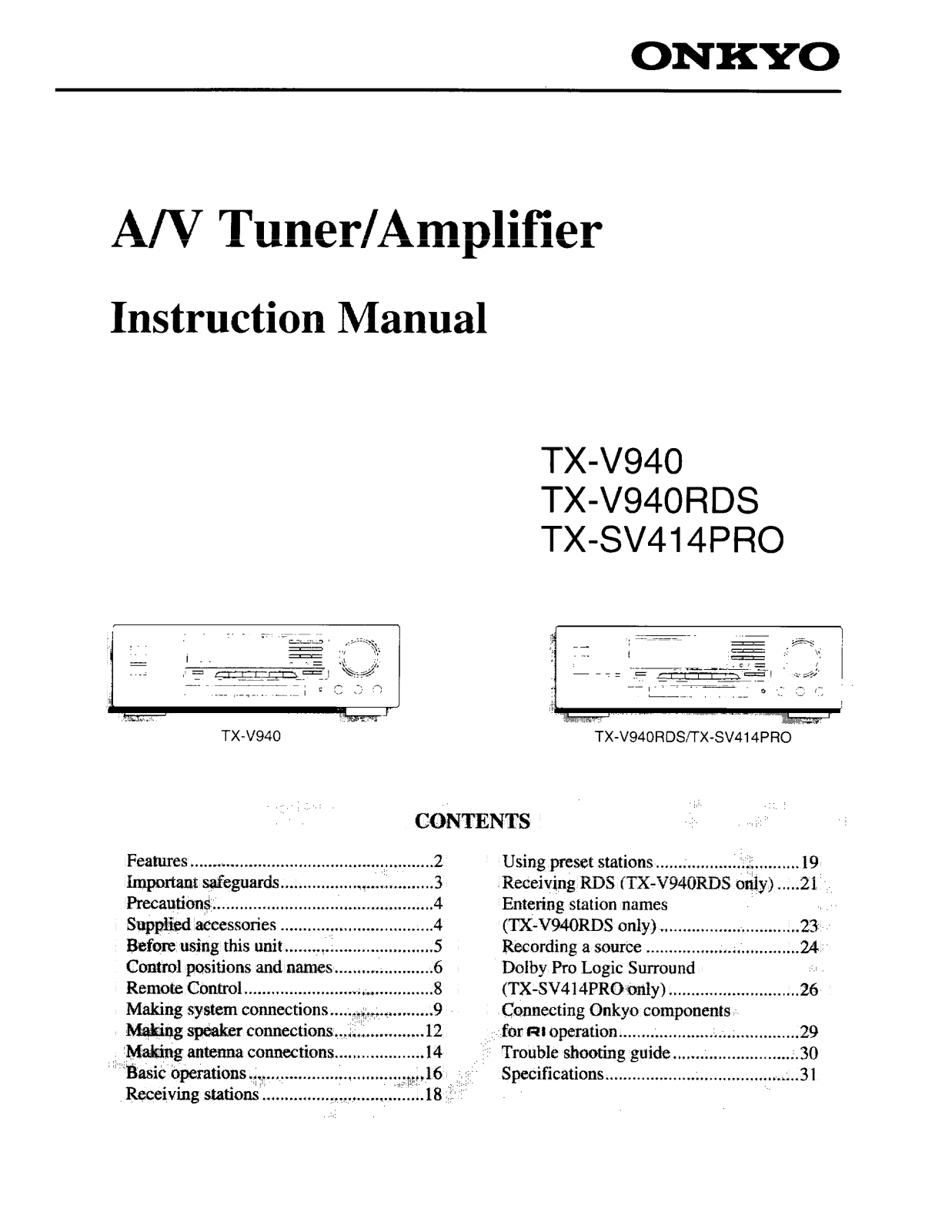 Onkyo TX-SV414PRO, TX-V940, TX-V940RDS Instruction Manual