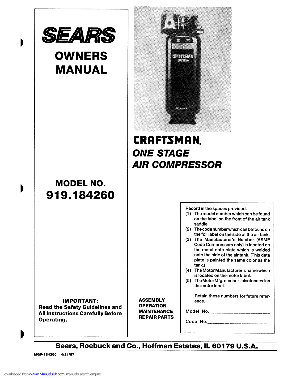 Sears Craftsman 919.184260 Owner's Manual