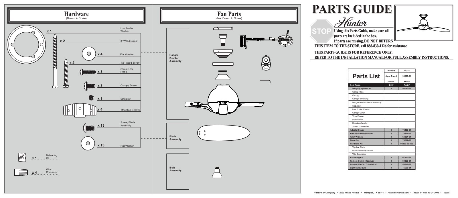 Hunter 21323 Parts Guide