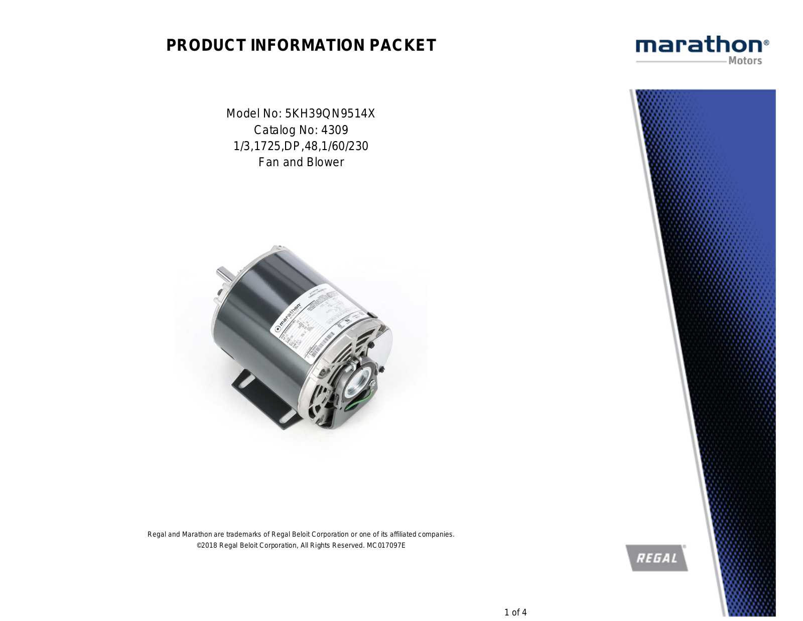 Marathon Electric 5KH39QN9514X Product Information Packet