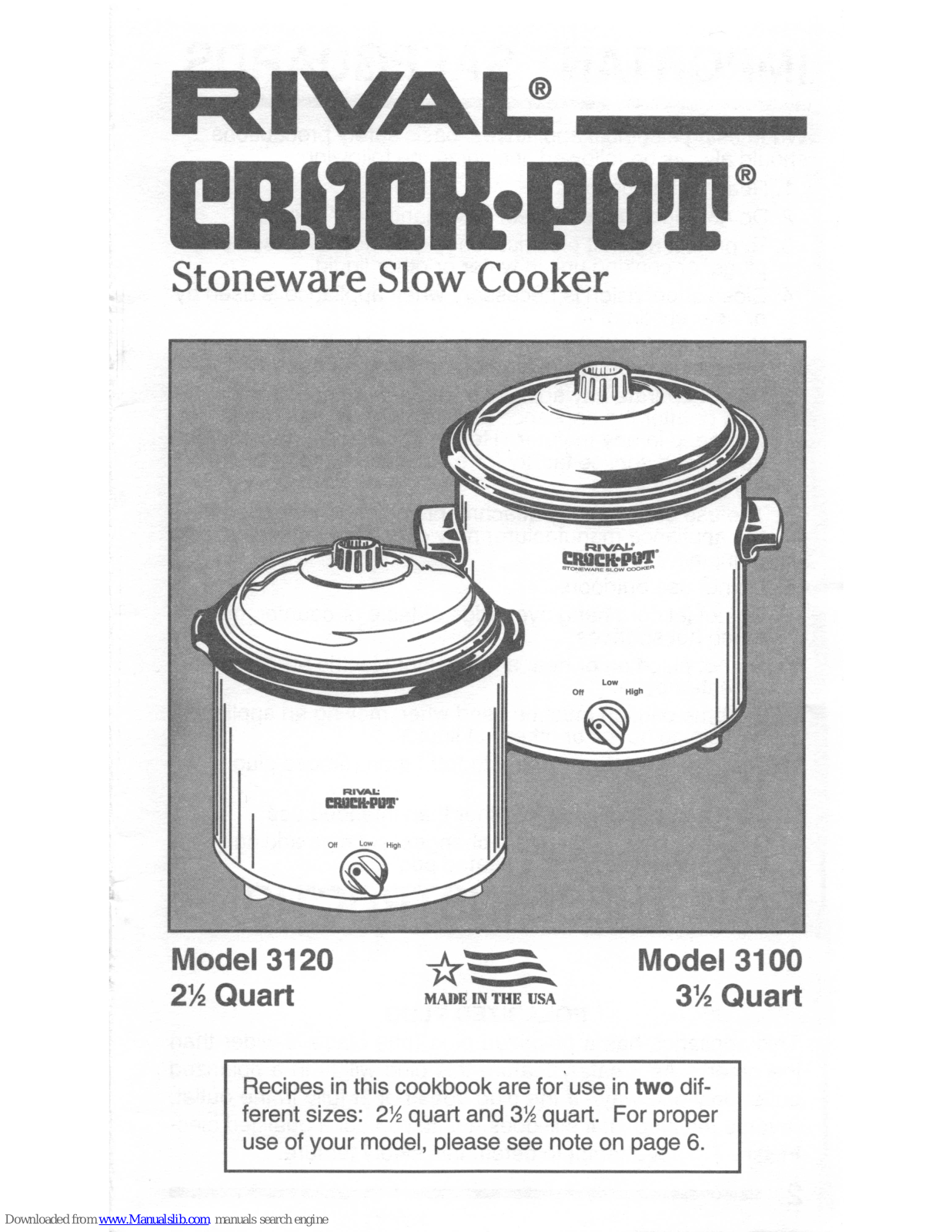 Rival Crock-Pot 3120, Crock-Pot 3100 Instruction And Recipe Book