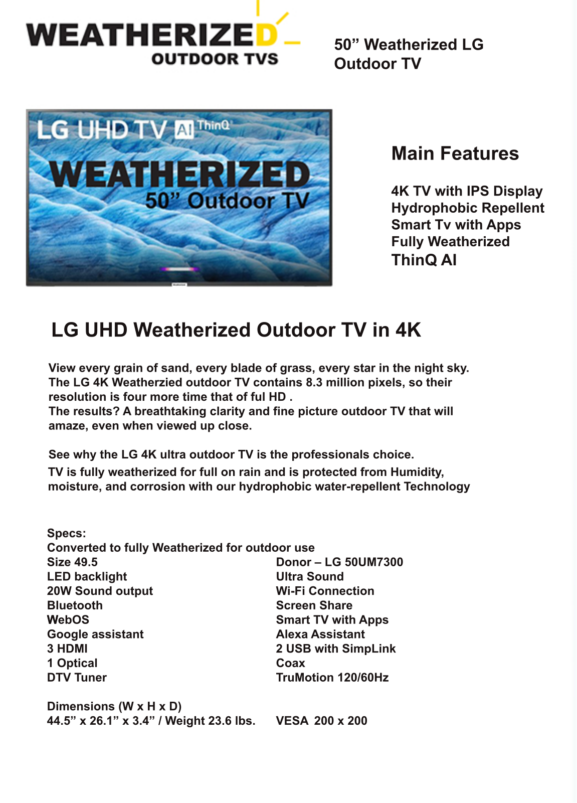 Weatherized TVs 50L7WT, 50L7PWT Specifications - ManualMachine.com